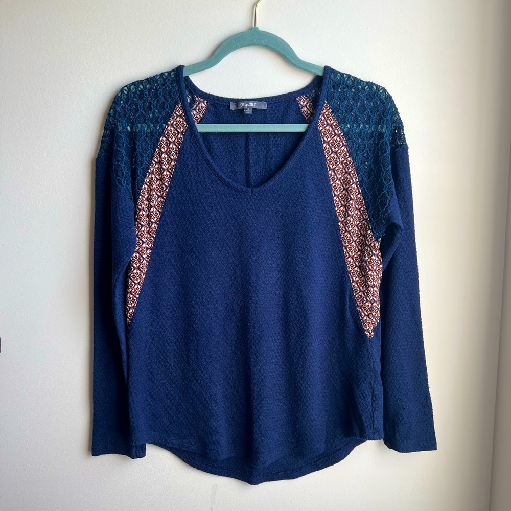 Miss Me Navy Lace Shoulder Long Sleeve Top